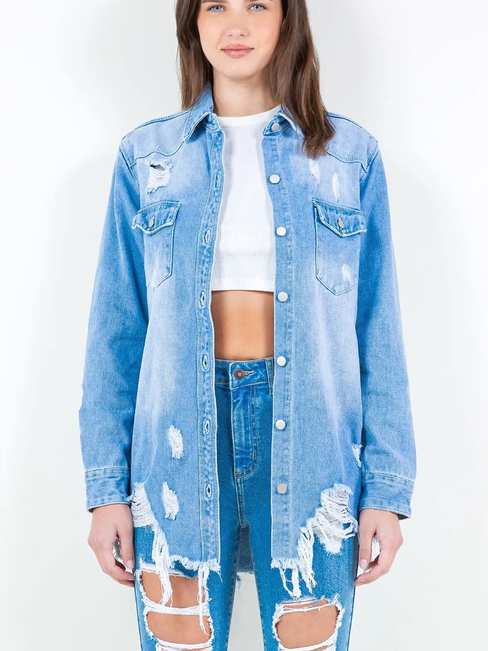 American Bazi NWT Long Distressed Denim Shacket Light Blue Women's Size L